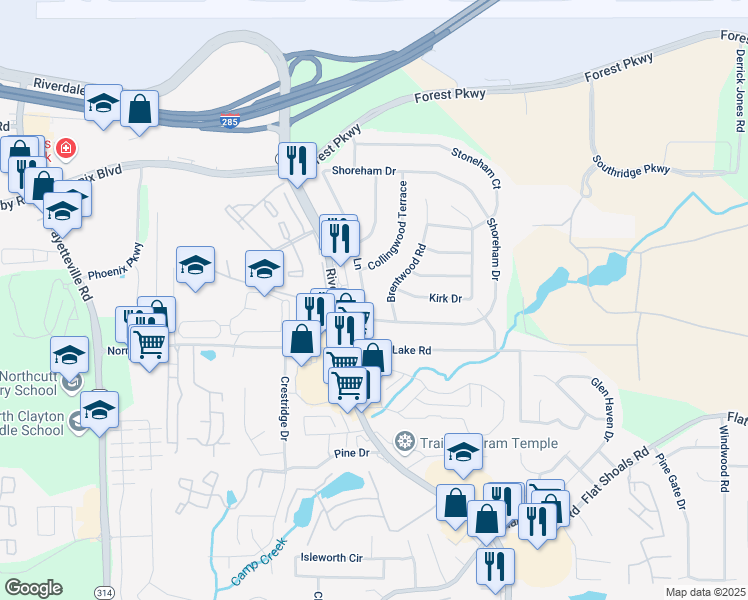 map of restaurants, bars, coffee shops, grocery stores, and more near 5302 Heather Lane in Atlanta