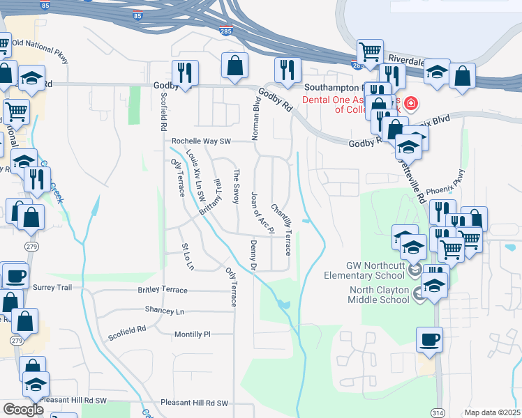 map of restaurants, bars, coffee shops, grocery stores, and more near 5272 Joan of Arc Place in Atlanta