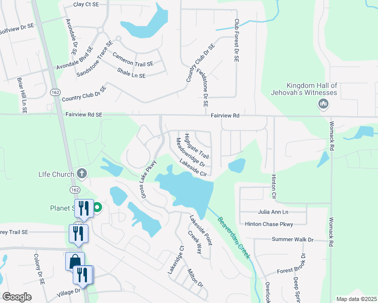 map of restaurants, bars, coffee shops, grocery stores, and more near 175 Meadowridge Drive in Covington