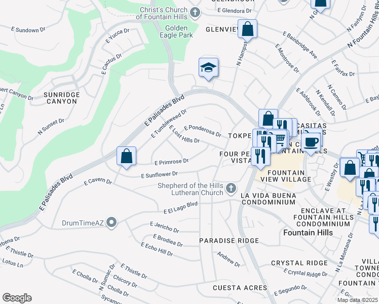 map of restaurants, bars, coffee shops, grocery stores, and more near 15952 East Primrose Drive in Fountain Hills