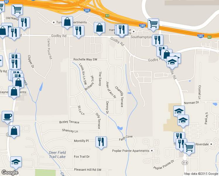 map of restaurants, bars, coffee shops, grocery stores, and more near 5286 Joan of Arc Place in Atlanta