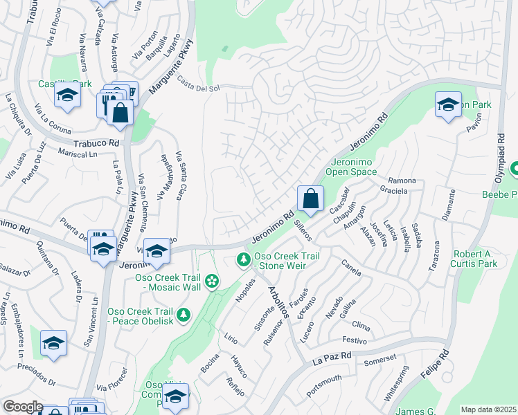 map of restaurants, bars, coffee shops, grocery stores, and more near 27751 Via Granados in Mission Viejo