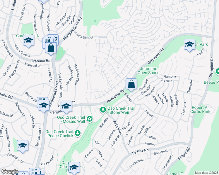 map of restaurants, bars, coffee shops, grocery stores, and more near 27751 Via Granados in Mission Viejo