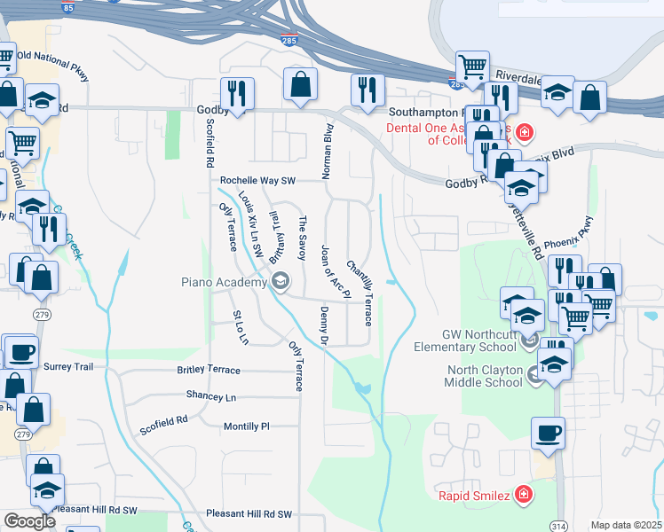 map of restaurants, bars, coffee shops, grocery stores, and more near 5272 Joan of Arc Place in Atlanta