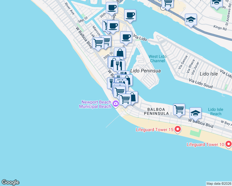 map of restaurants, bars, coffee shops, grocery stores, and more near 107 23rd Street in Newport Beach