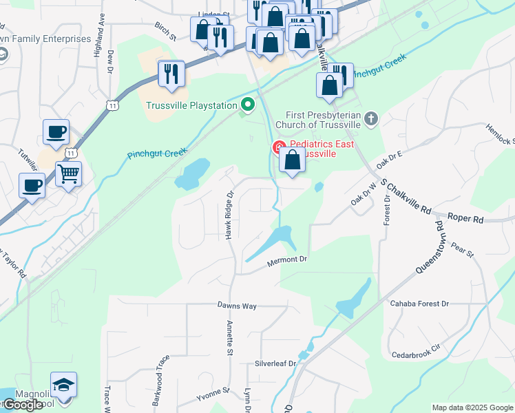 map of restaurants, bars, coffee shops, grocery stores, and more near 541 Simmons Drive in Trussville
