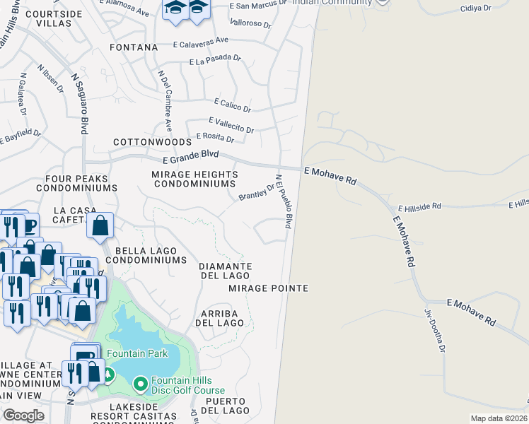 map of restaurants, bars, coffee shops, grocery stores, and more near 17430 Dull Knife Drive in Fountain Hills