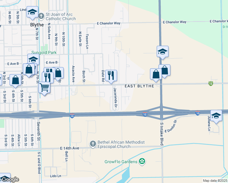 map of restaurants, bars, coffee shops, grocery stores, and more near 1576 East Hobsonway in Blythe