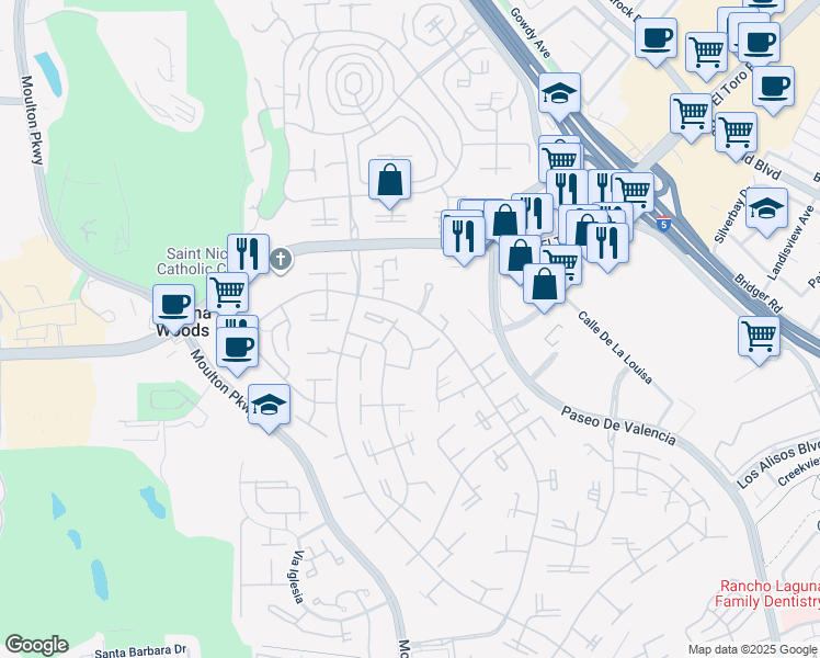 map of restaurants, bars, coffee shops, grocery stores, and more near 8 Via Castilla in Laguna Woods