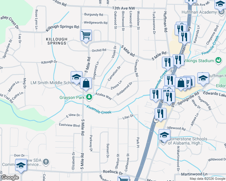map of restaurants, bars, coffee shops, grocery stores, and more near 517 Zinnia Lane in Birmingham