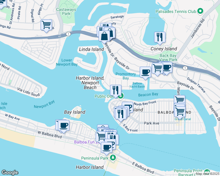 map of restaurants, bars, coffee shops, grocery stores, and more near 7 Beacon Bay in Newport Beach