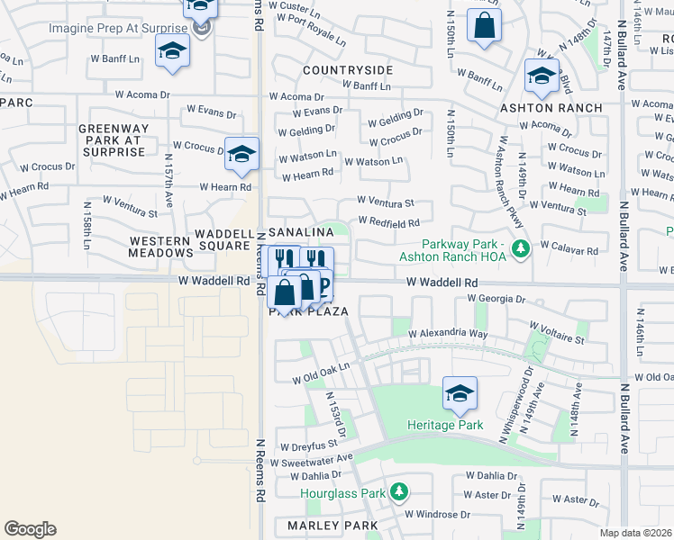map of restaurants, bars, coffee shops, grocery stores, and more near 15338 West Boca Raton Road in Surprise