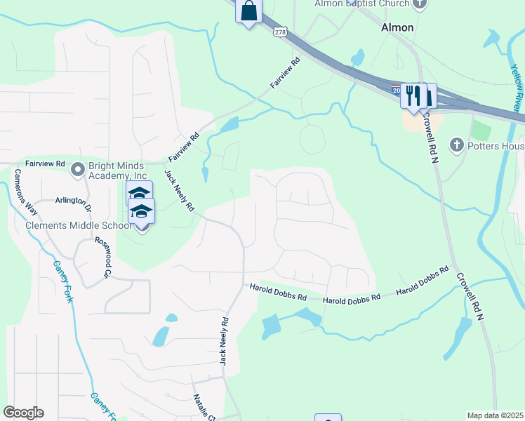 map of restaurants, bars, coffee shops, grocery stores, and more near 85 Maple Trace in Covington