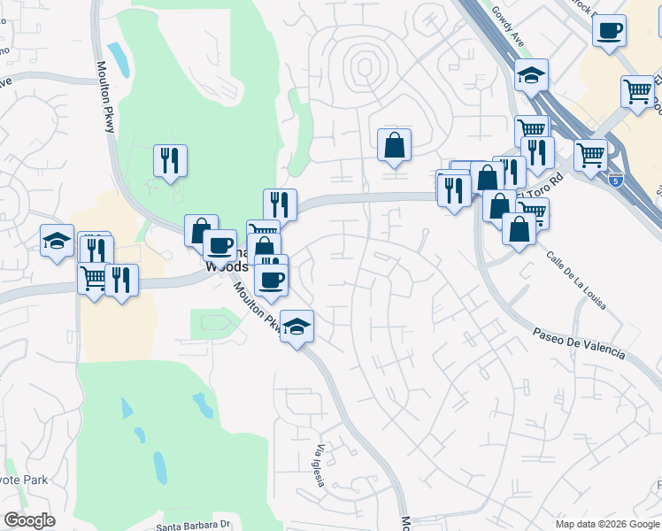 map of restaurants, bars, coffee shops, grocery stores, and more near in Laguna Woods