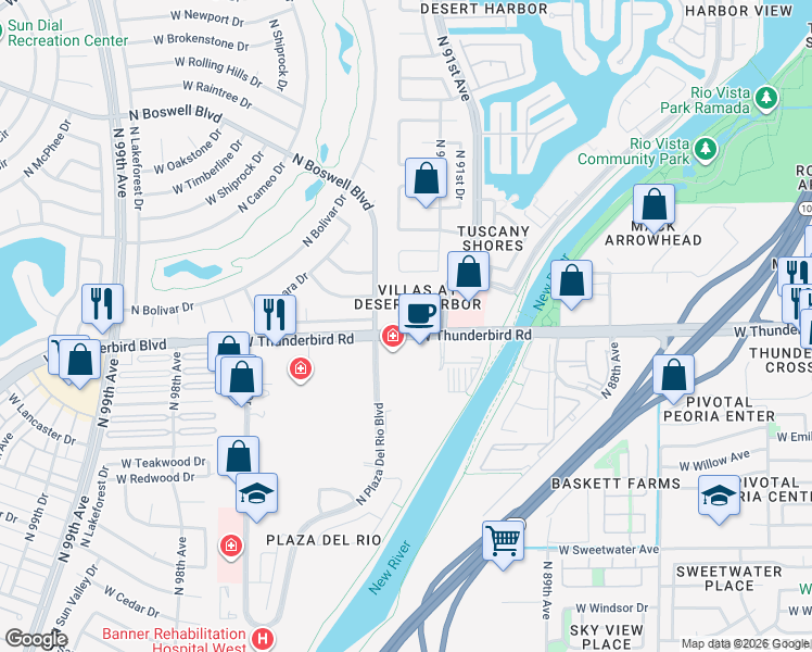 map of restaurants, bars, coffee shops, grocery stores, and more near 13860 North 91st Lane in Peoria