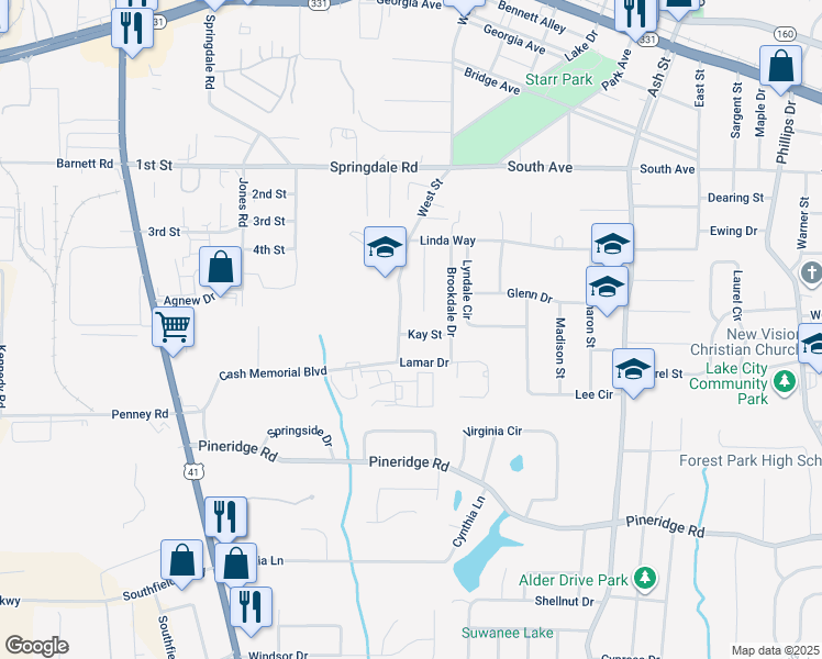 map of restaurants, bars, coffee shops, grocery stores, and more near 556 Kay Street in Forest Park