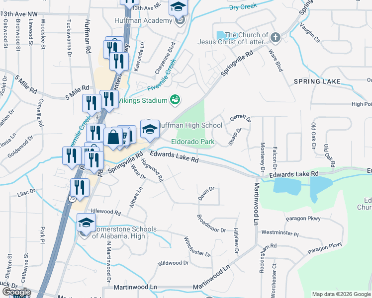 map of restaurants, bars, coffee shops, grocery stores, and more near 917 Eldorado Drive in Birmingham