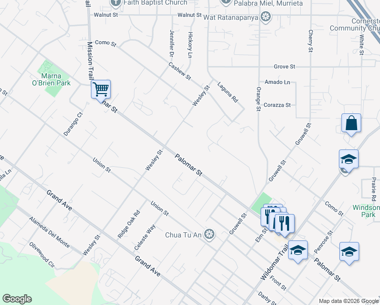 map of restaurants, bars, coffee shops, grocery stores, and more near 21026 Palomar Street in Wildomar