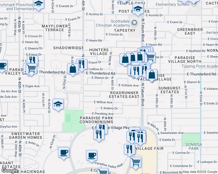 map of restaurants, bars, coffee shops, grocery stores, and more near 4530 East Voltaire Avenue in Phoenix
