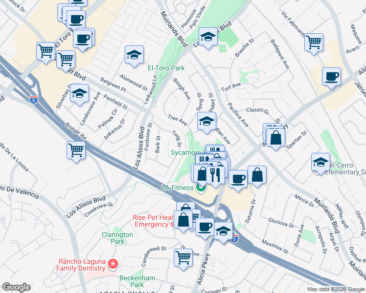 map of restaurants, bars, coffee shops, grocery stores, and more near 24282 Twig Street in Lake Forest