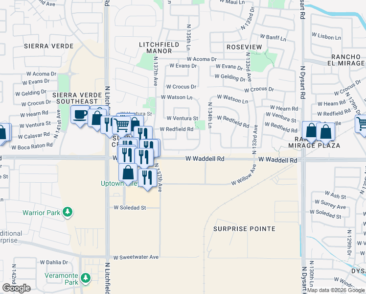 map of restaurants, bars, coffee shops, grocery stores, and more near 13947 North 136th Drive in Surprise