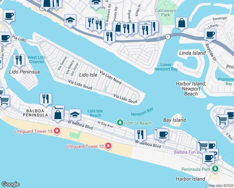 map of restaurants, bars, coffee shops, grocery stores, and more near 105 Via Waziers in Newport Beach