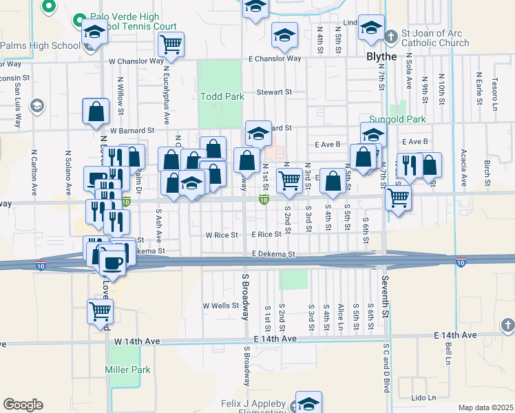 map of restaurants, bars, coffee shops, grocery stores, and more near 132 East Hobsonway in Blythe