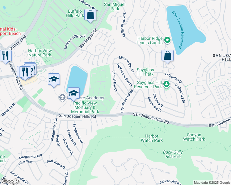 map of restaurants, bars, coffee shops, grocery stores, and more near 1 Carmel Bay Drive in Newport Beach