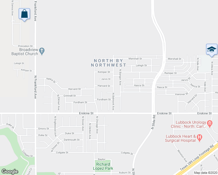 map of restaurants, bars, coffee shops, grocery stores, and more near 5410 Harvard Street in Lubbock
