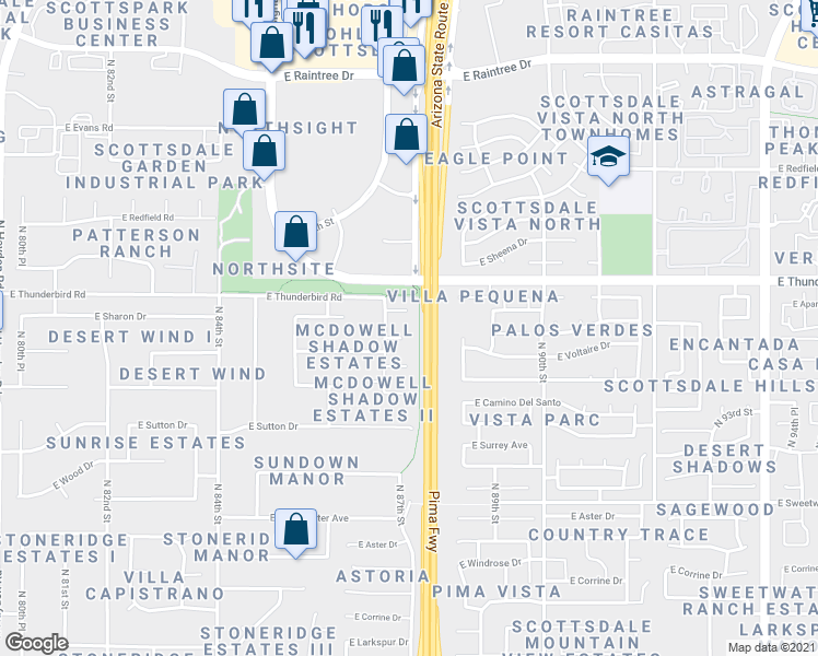 map of restaurants, bars, coffee shops, grocery stores, and more near 8751 East Sharon Drive in Scottsdale