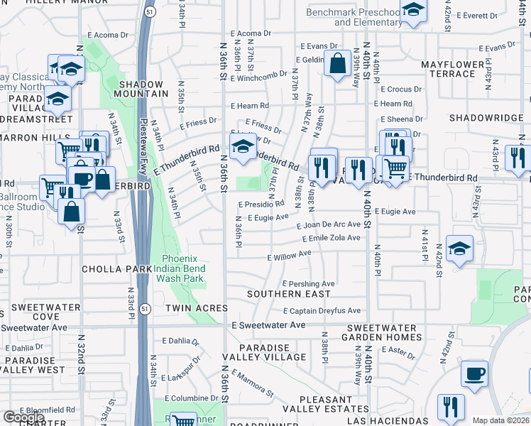 map of restaurants, bars, coffee shops, grocery stores, and more near 3712 East Presidio Road in Phoenix