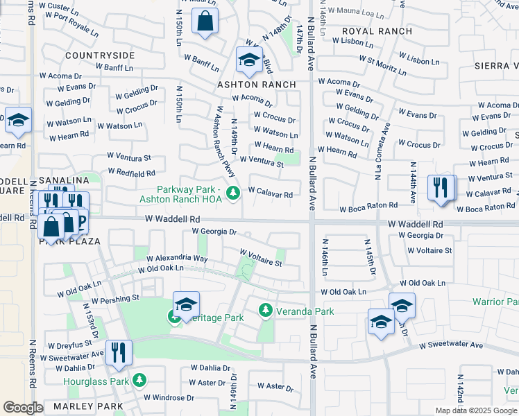 map of restaurants, bars, coffee shops, grocery stores, and more near 13871 North 148th Lane in Surprise