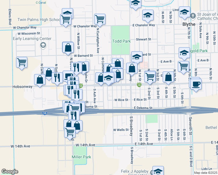 map of restaurants, bars, coffee shops, grocery stores, and more near in Blythe