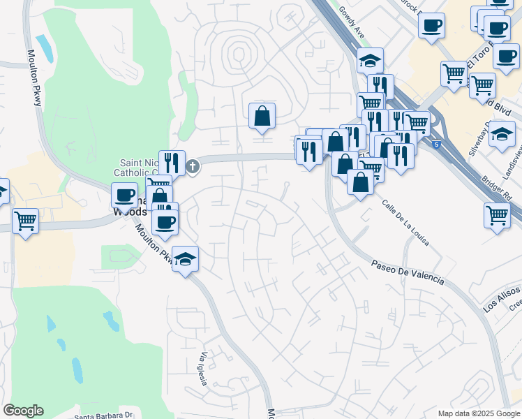 map of restaurants, bars, coffee shops, grocery stores, and more near 6 Via Castilla in Laguna Woods