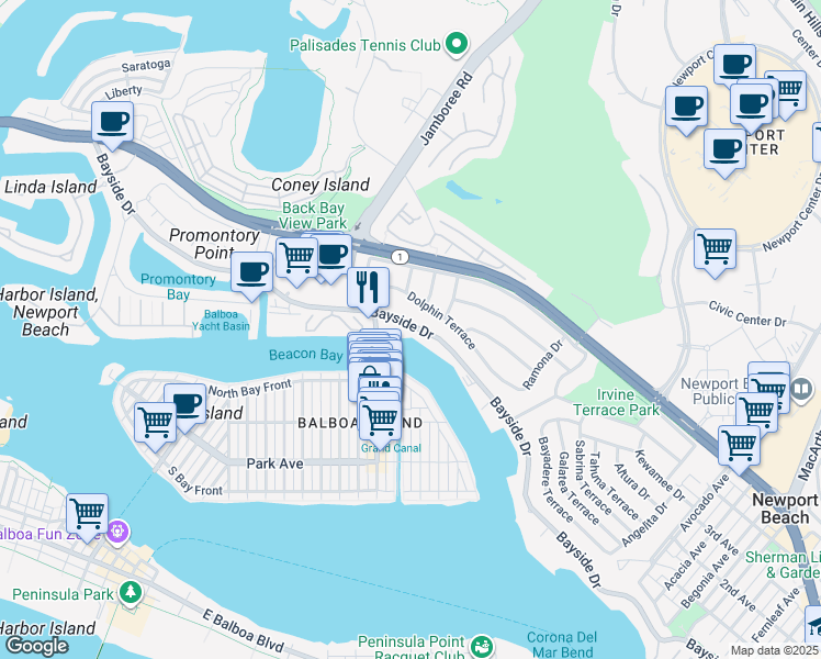 map of restaurants, bars, coffee shops, grocery stores, and more near 1215 Dolphin Terrace in Newport Beach