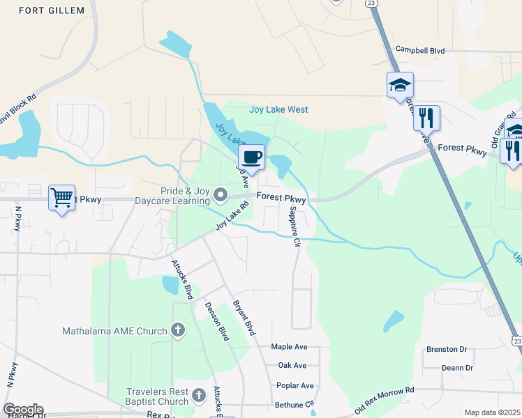 map of restaurants, bars, coffee shops, grocery stores, and more near 2245 Forest Parkway in Morrow
