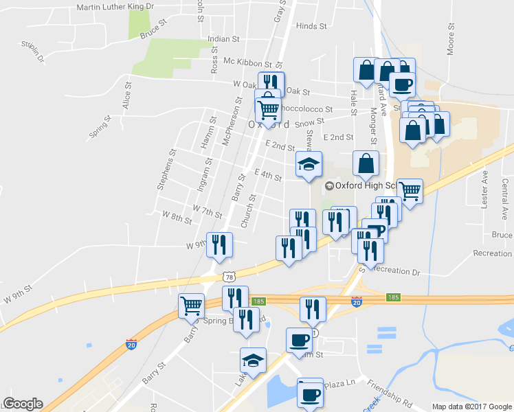 map of restaurants, bars, coffee shops, grocery stores, and more near 1001 Church Street in Oxford