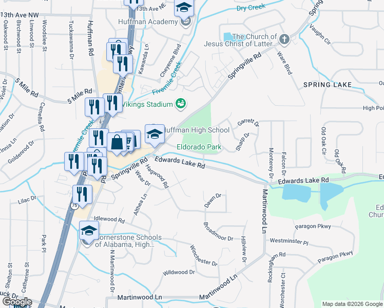 map of restaurants, bars, coffee shops, grocery stores, and more near 917 Eldorado Drive in Birmingham