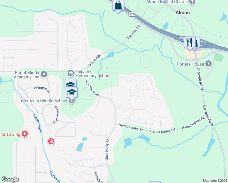 map of restaurants, bars, coffee shops, grocery stores, and more near 65 Evelyn Road in Covington