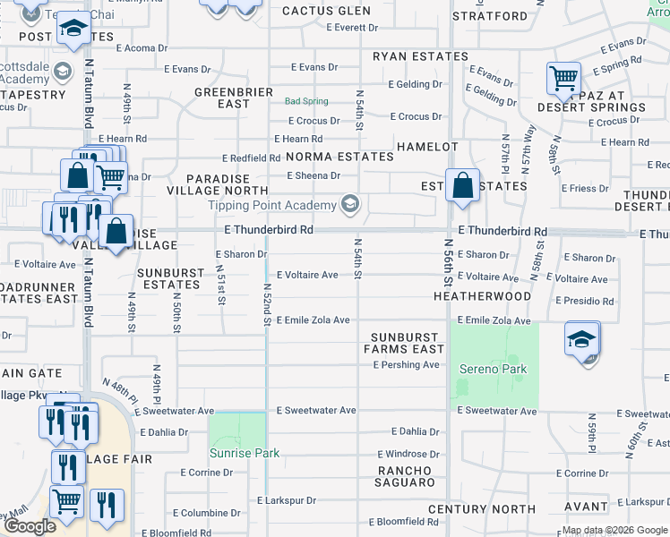 map of restaurants, bars, coffee shops, grocery stores, and more near 5326 East Voltaire Avenue in Scottsdale