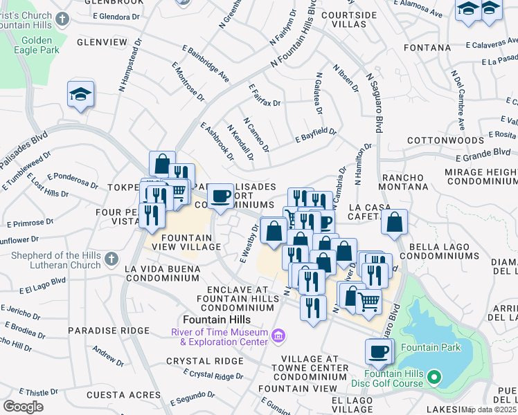 map of restaurants, bars, coffee shops, grocery stores, and more near 16626 East Westby Drive in Fountain Hills