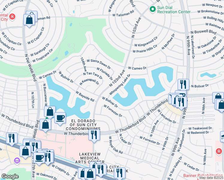 map of restaurants, bars, coffee shops, grocery stores, and more near 13812 Whispering Lake Drive in Sun City