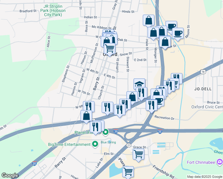 map of restaurants, bars, coffee shops, grocery stores, and more near 119 East 6th Street in Oxford
