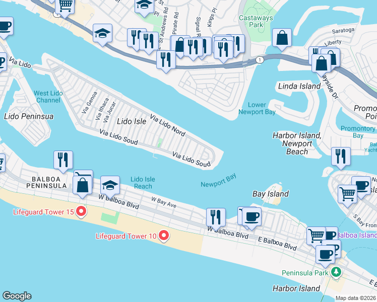 map of restaurants, bars, coffee shops, grocery stores, and more near 136 Via Waziers in Newport Beach