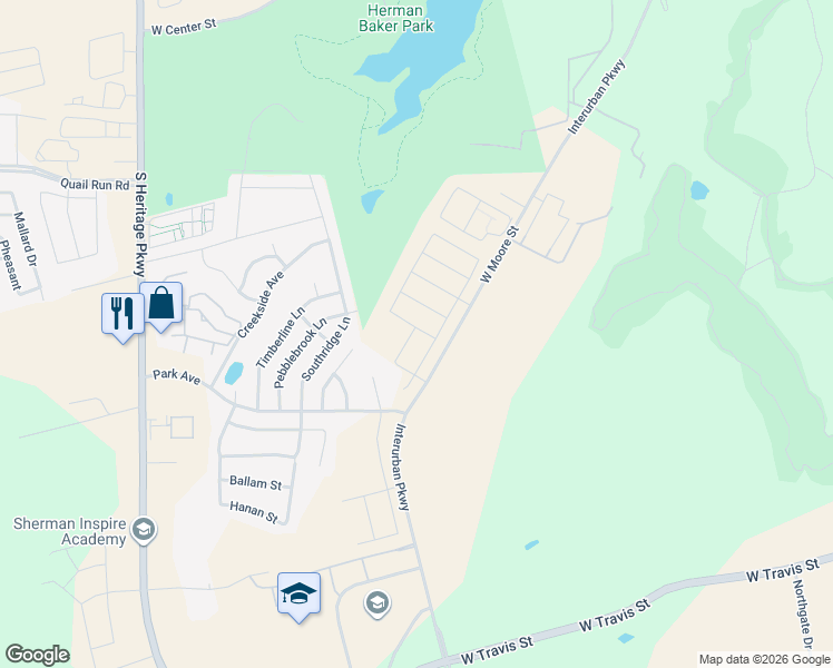 map of restaurants, bars, coffee shops, grocery stores, and more near 2105 West Moore Street in Sherman