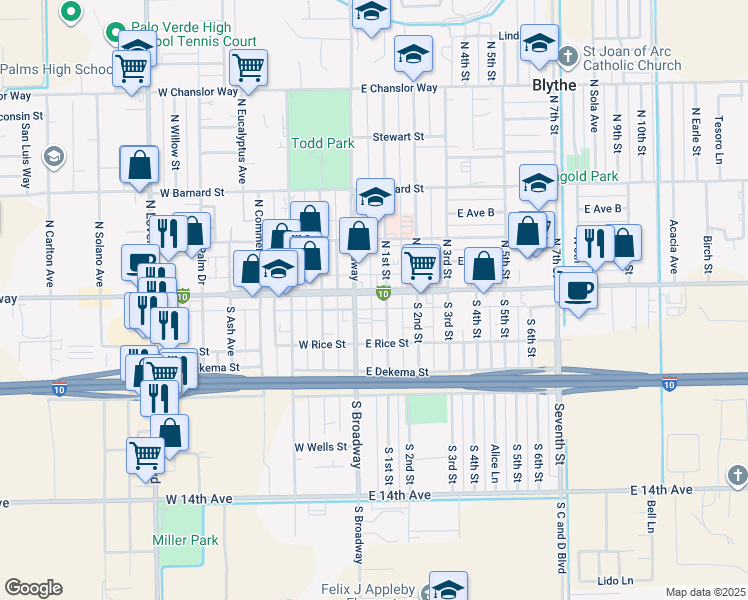 map of restaurants, bars, coffee shops, grocery stores, and more near 132 East Hobsonway in Blythe