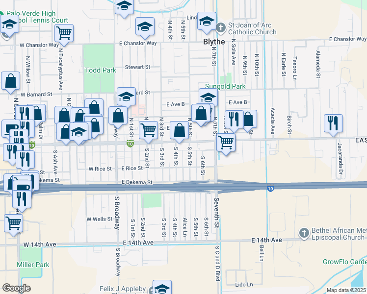 map of restaurants, bars, coffee shops, grocery stores, and more near 502 East Hobsonway in Blythe