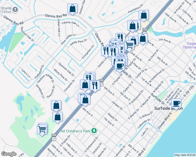 map of restaurants, bars, coffee shops, grocery stores, and more near 510 U.S. 17 Business South Frontage Road in Surfside Beach