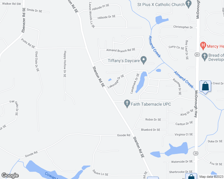map of restaurants, bars, coffee shops, grocery stores, and more near 569 Lakeridge Circle Southeast in Conyers
