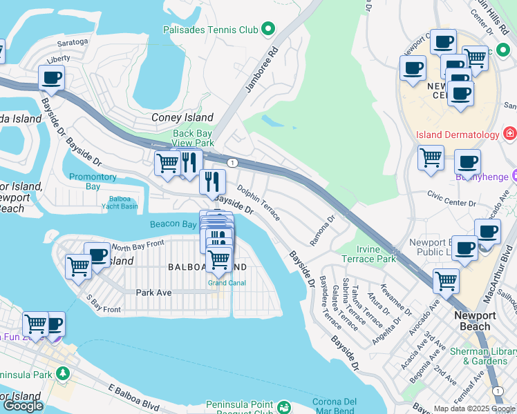 map of restaurants, bars, coffee shops, grocery stores, and more near 1301 Dolphin Terrace in Newport Beach